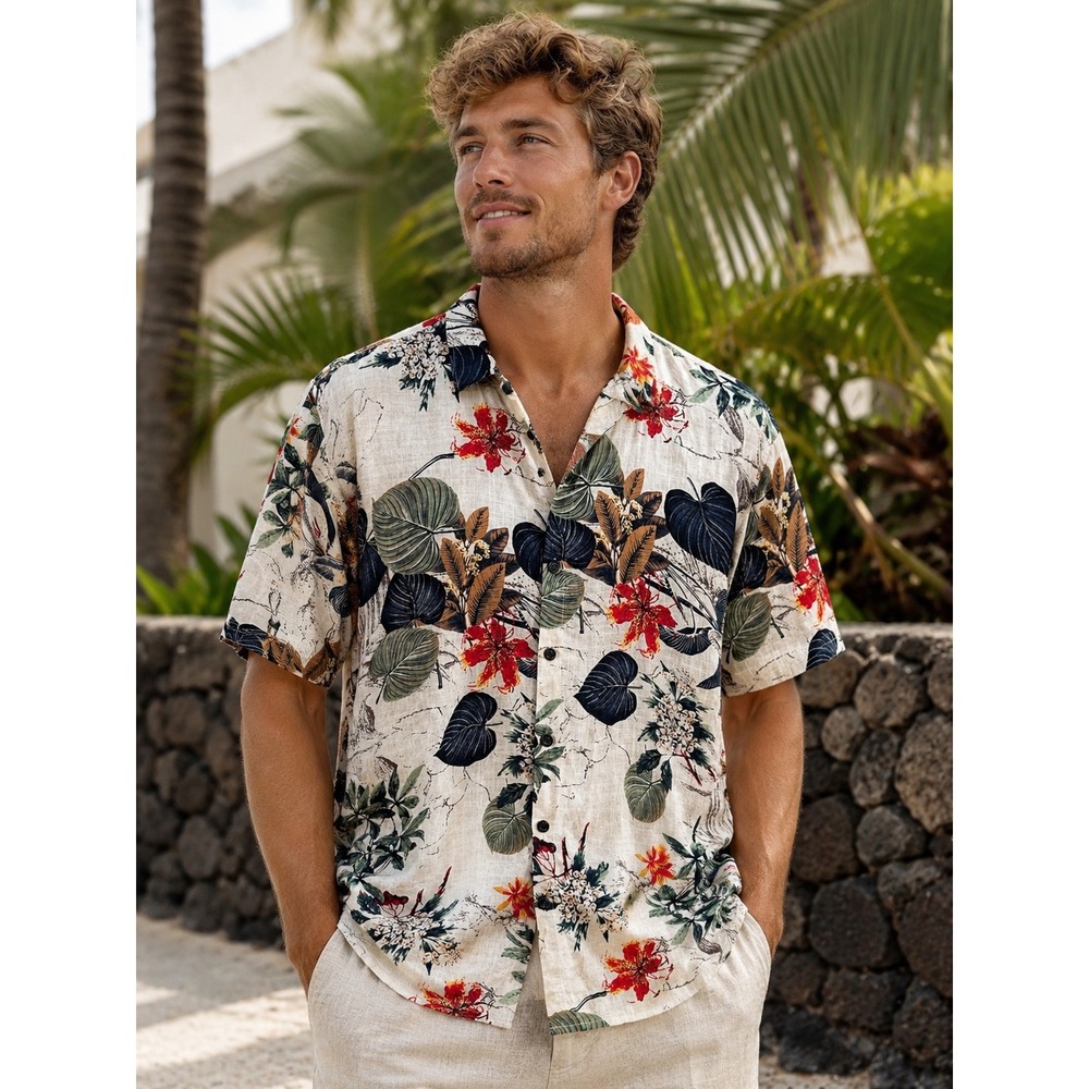 JOGAL Mens Tropical Floral Button Down Shirt Short Sleeve Cream Red Large‎